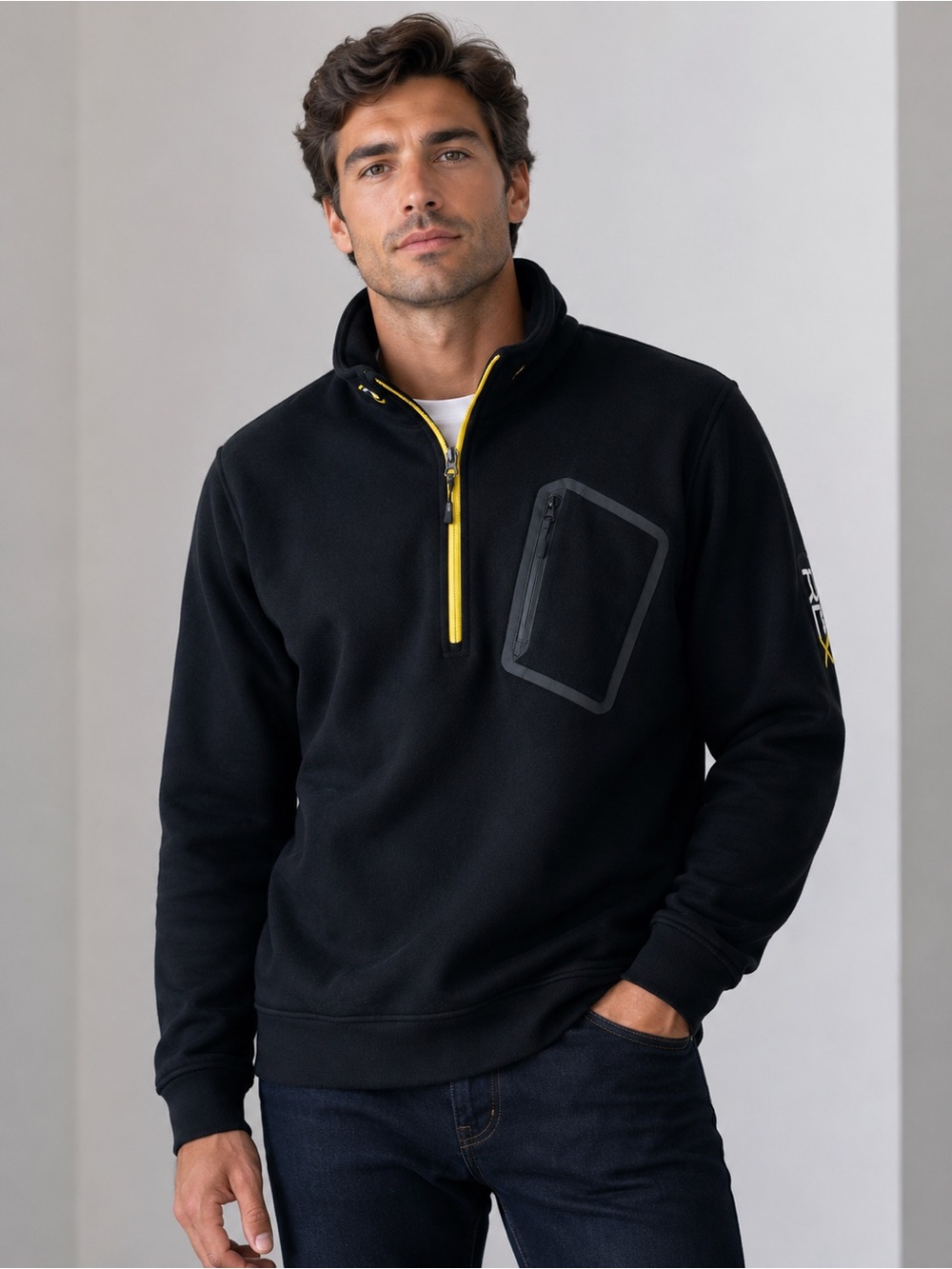 New Ralph Lauren RLX black quarter-zip sweatshirt yellow zipper/chest Mens M